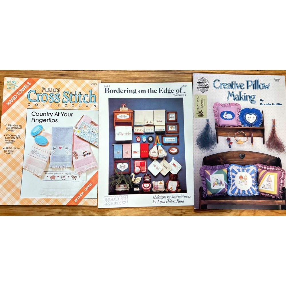 Vintage 80s Cross Stitch Pattern Booklet Lot Pillows Towels